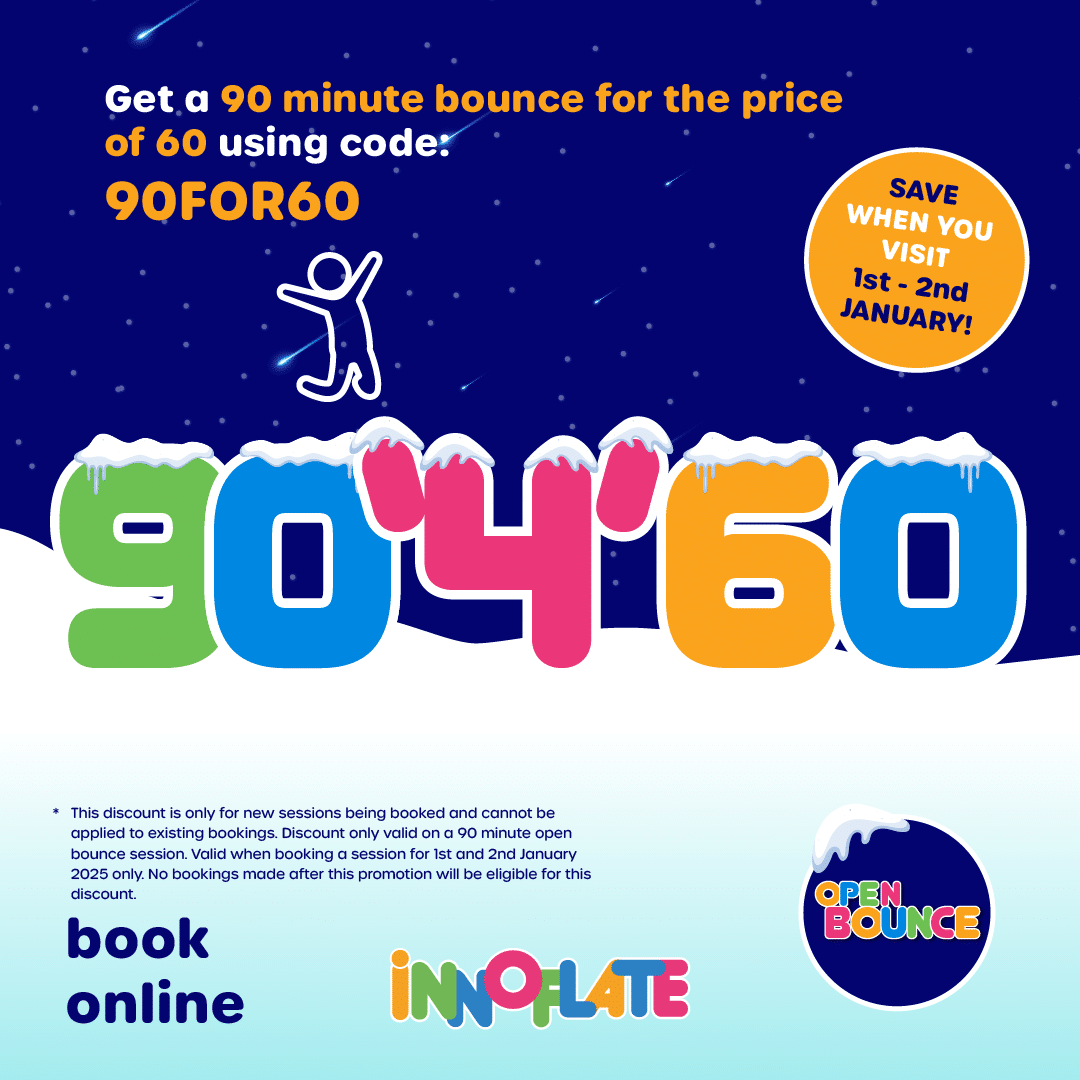 Grab a bargain! 90 minute bounce for price of 60 minutes on 1st and 2nd January at Innoflate